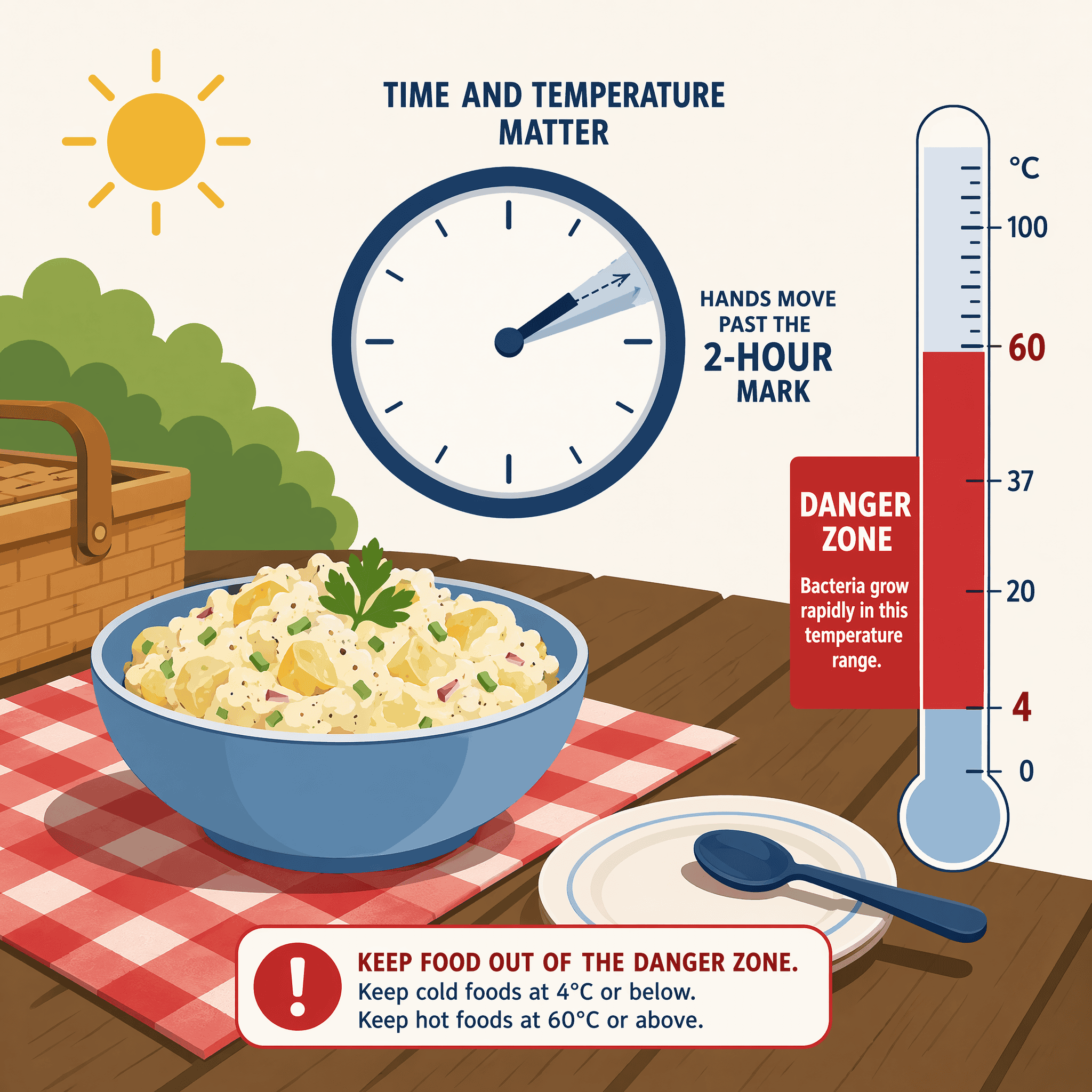 How Long Can Mayonnaise Sit Out? 3 Picnic table with potato salad and a clock showing more than two hours past the danger zone limit
