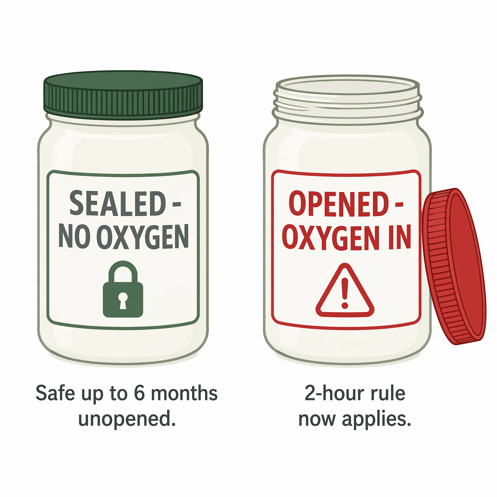How Long Can Mayonnaise Sit Out? 1 Sealed mayonnaise jar labeled safe for months next to an opened jar labeled 2 hour rule applies