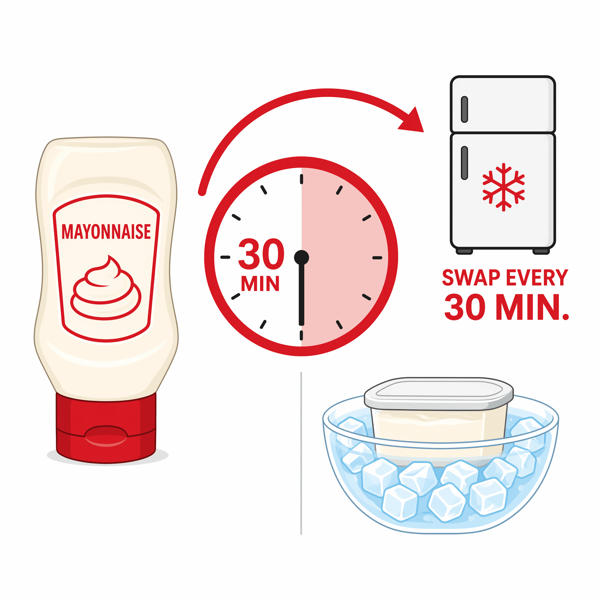 How Long Can Mayonnaise Sit Out? 2 Small squeeze bottle of mayonnaise being rotated with a fridge every thirty minutes