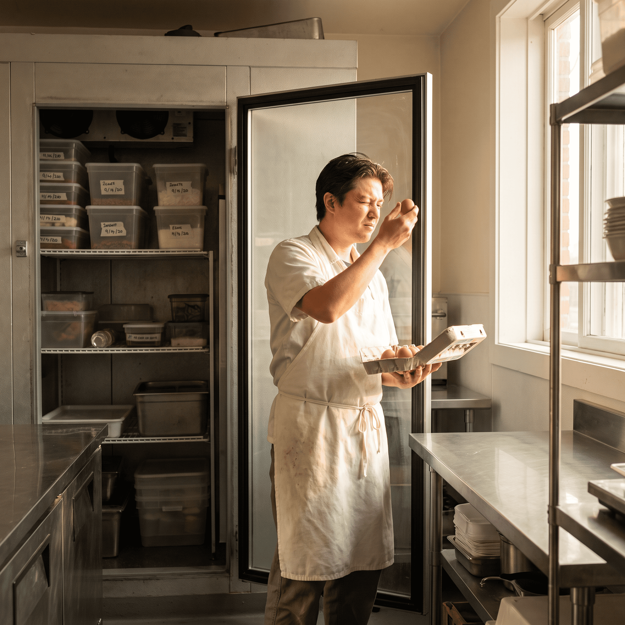 How Long Do Eggs Last in the Fridge? 3 Cook inspecting an open egg carton for cracks in a commercial kitchen