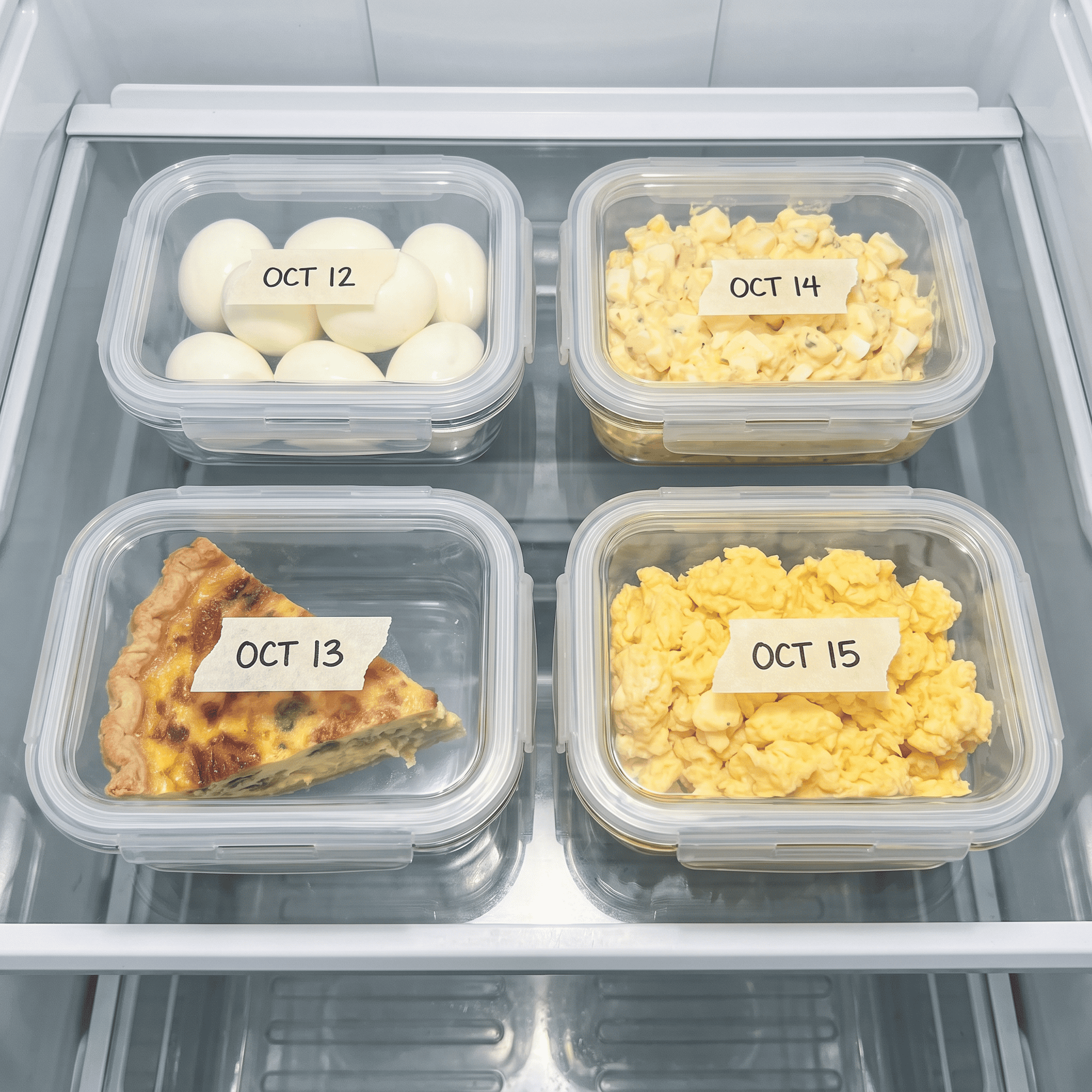 How Long Do Eggs Last in the Fridge? 2 Labelled containers of hard-boiled eggs, egg salad, quiche, and scrambled eggs on a fridge shelf